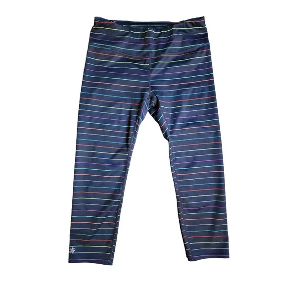 Athleta Multi Stripe Sonar Rainbow Navy Blue Capri Leggings Size Medium Yoga - Picture 1 of 9